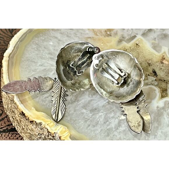 VTG Navajo Style Sterling Silver Feather Earrings w/ Blue Lapis Cabochon 9.6g - Picture 7 of 11